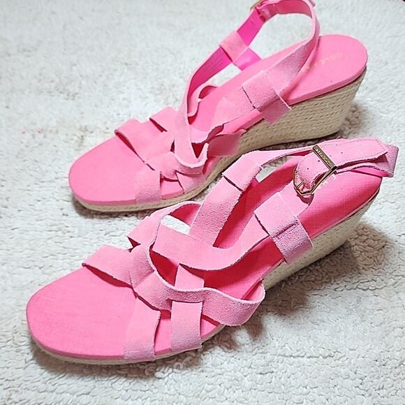 COLE HAAN CRYSTAL WEDGE SANDAL 7MM NEON FUSIA LEATHER ESPADRILLES LADIES 11 NWOB - Picture 1 of 16